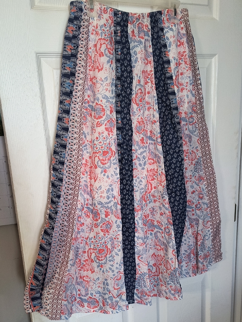 Choices Boho Stripe Patchwork Maxi Skirt in Coral & Navy